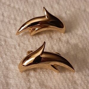Gold Dolphin Earrings MONET Clip-On Style Small
